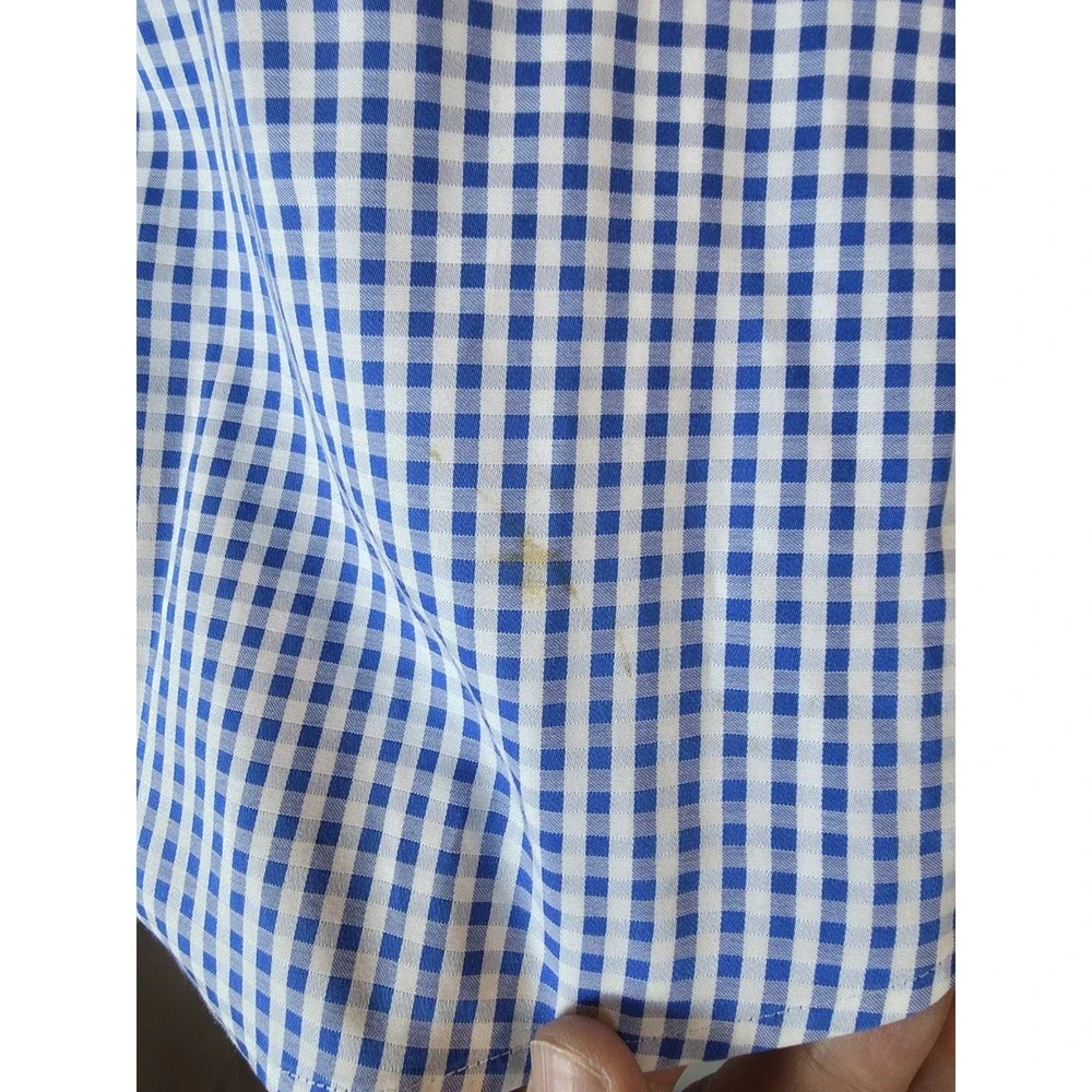 Thomas Pink Dress Shirt Mens 17 Blue Gingham Slim Fit Long Sleeve - Picture 7 of 8